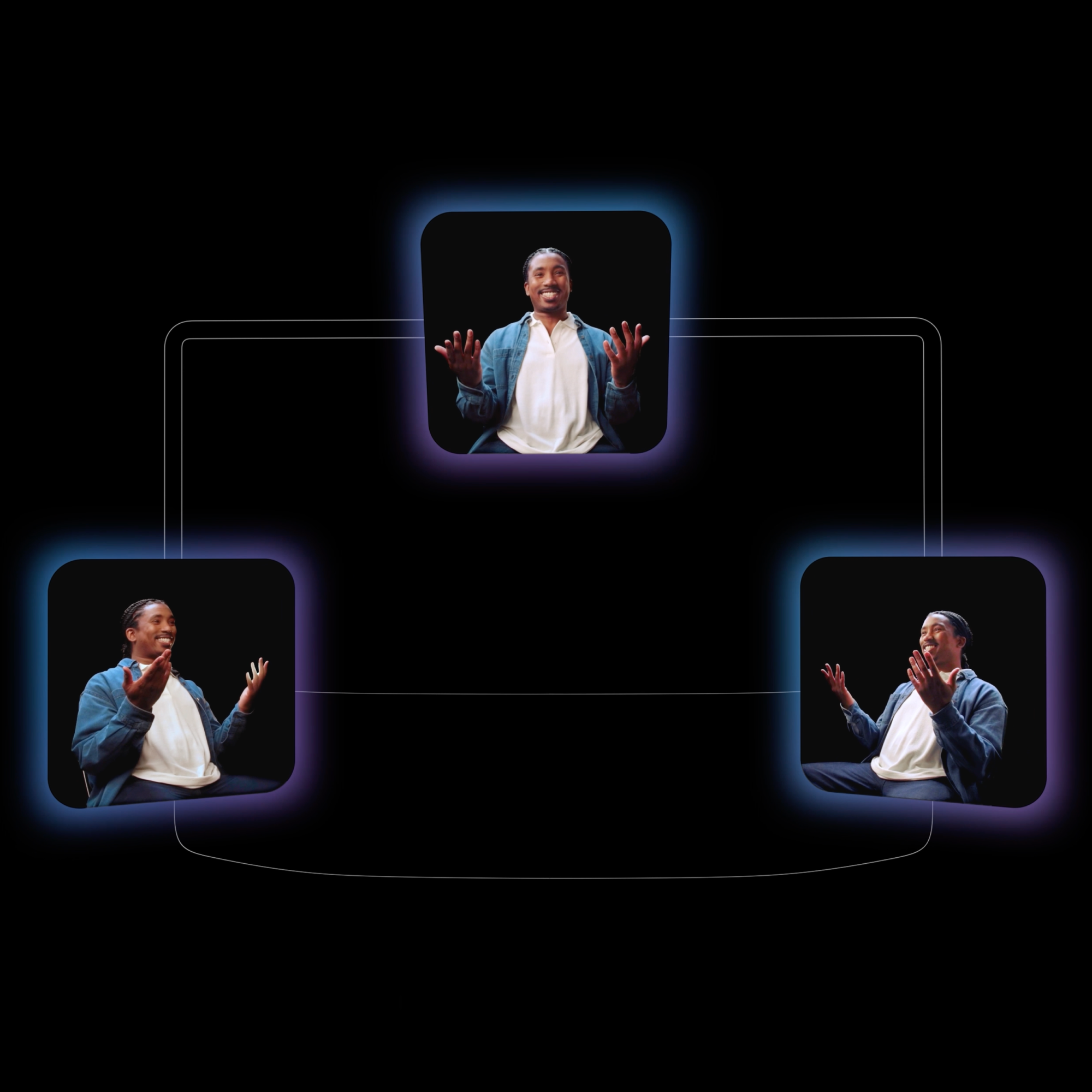A graphic illustrating the process of a Beam device capturing a person’s image, processing it, and then using AI to construct a depth map in real-time. A person making a gesture is shown in three connected frames representing these stages.
