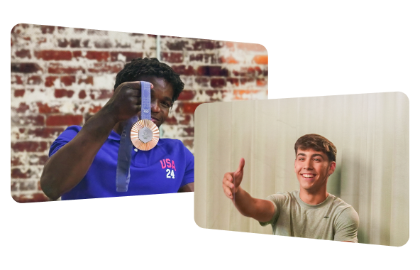 Frederick Richard holds up an Olympic medal while using a Starline device. On the screen, Sam Kaplan reaches out, as if to touch the medal.